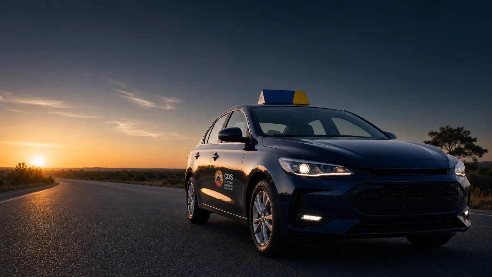 A CDS-branded learner vehicle on the road at sunrise