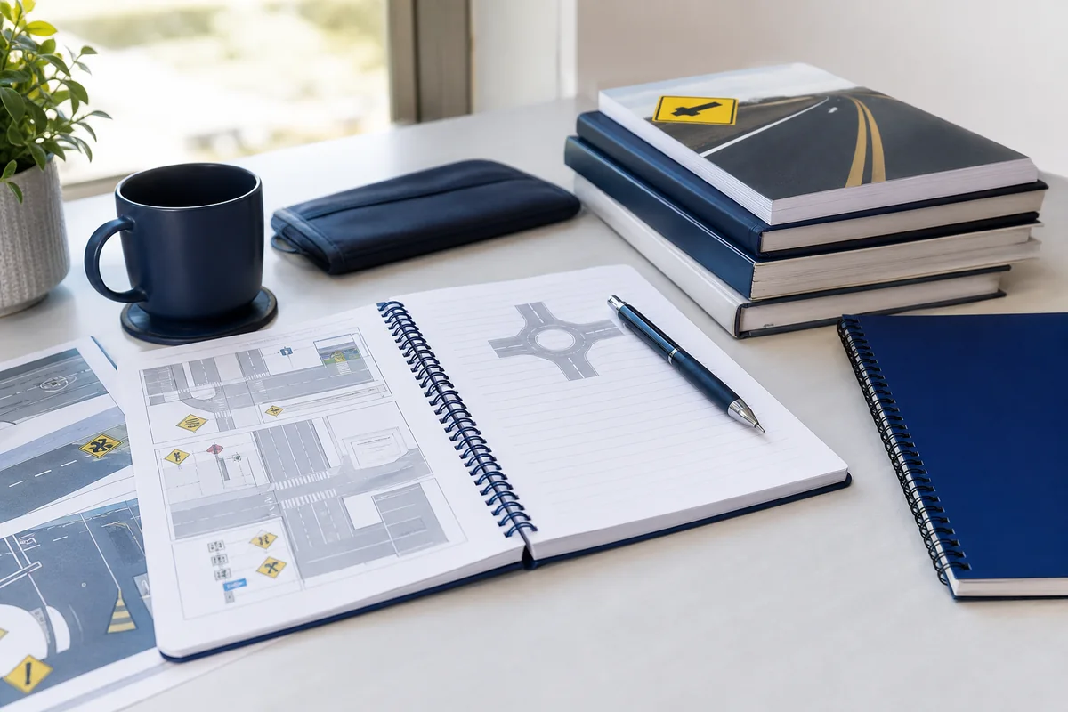 Road-rule notebooks, diagrams, and study materials arranged in a calm learner workspace