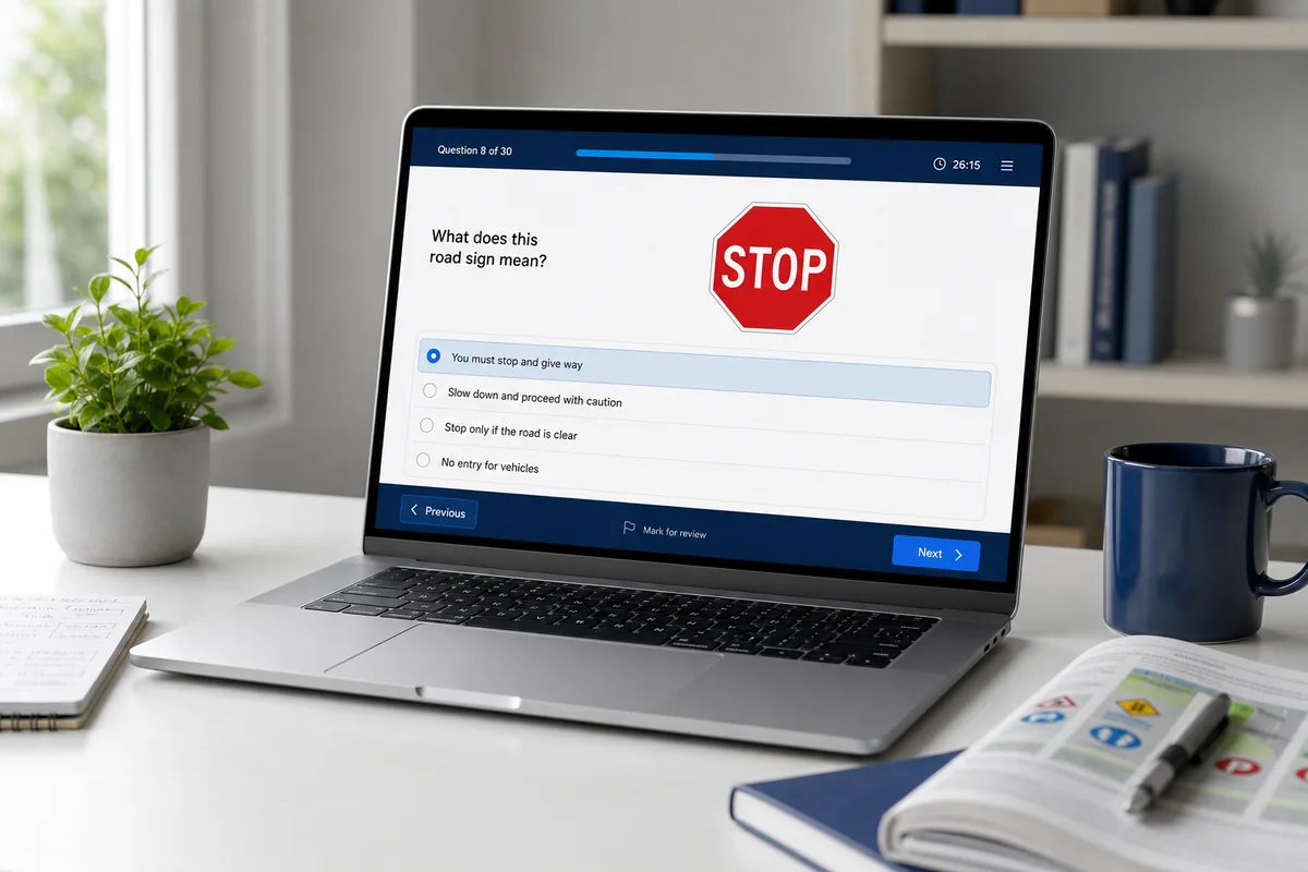 A laptop displaying a road-sign theory practice question in a focused learning workspace